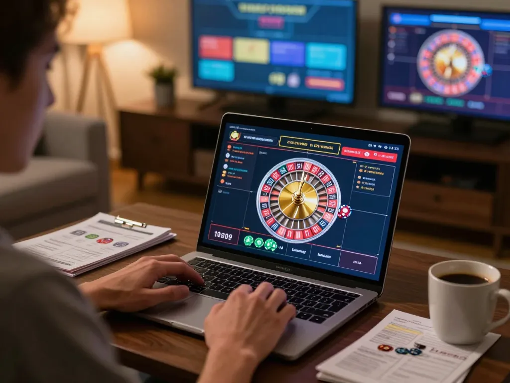Engaged gamer at home using ug883 online casino platform for a live roulette game