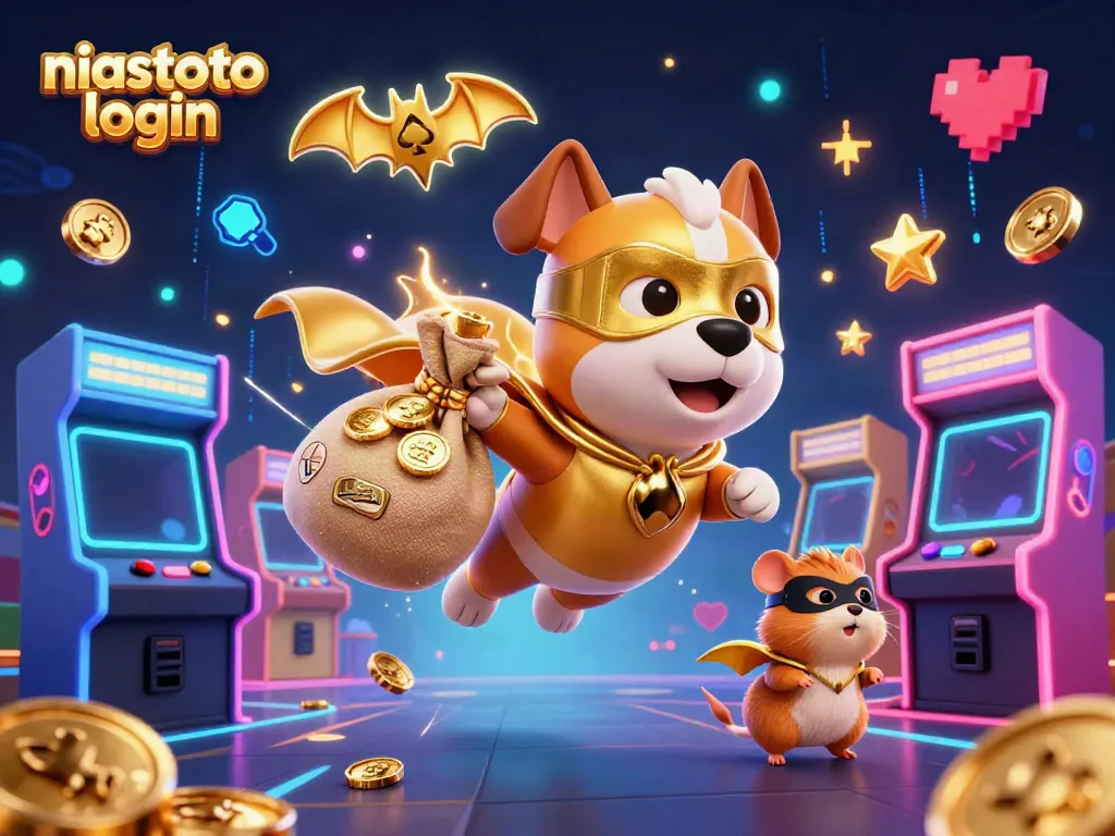 Dengan niastoto login, anjing pahlawan terbang membawa koin emas di dunia kasino yang cerah.