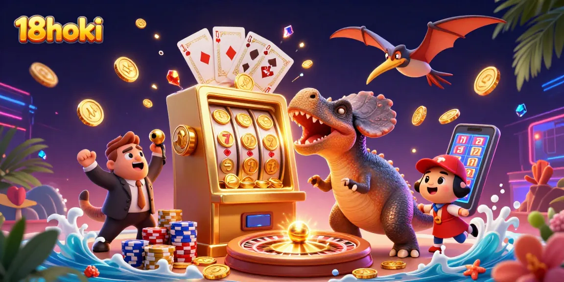 Experience massive wins at 18hoki as vibrant golden coins spill from a jackpot slot machine!