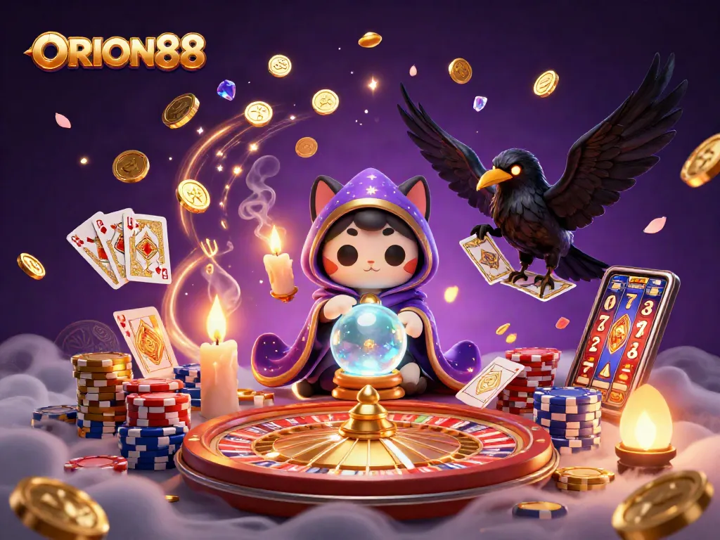 Engage with ORION88's vibrant gaming universe featuring mystical elements, coins, and winning slots.