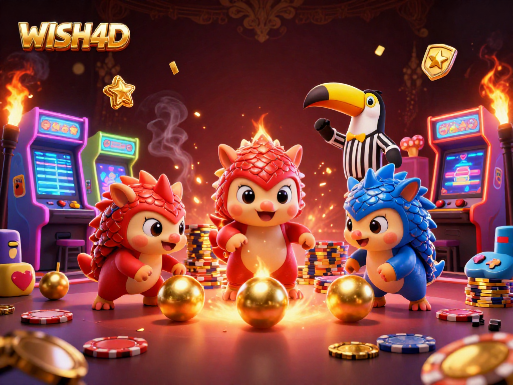 WISH4D rivals showcase their bowling skills with golden balls amid vibrant casino elements.