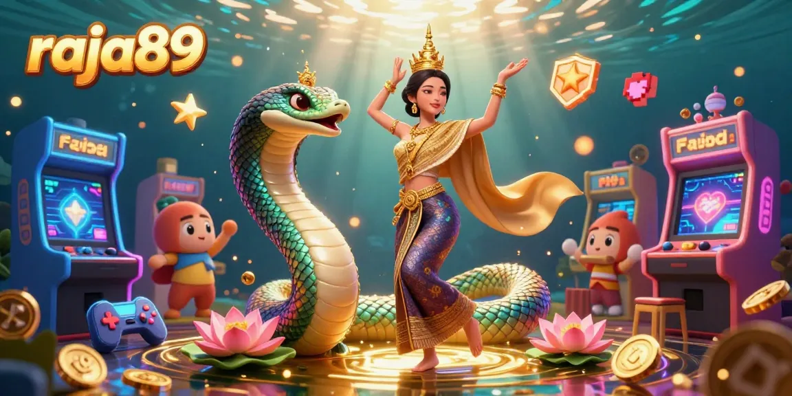 Engage with thrilling games on raja89, featuring a vibrant Thai dancer, Naga serpent, and casino elements.