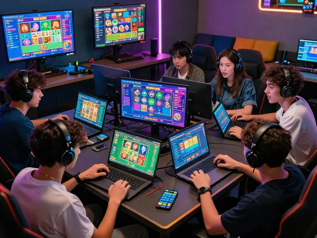 Bandar Togel players engaged in a lively lottery game with vibrant graphics and modern gaming gear.