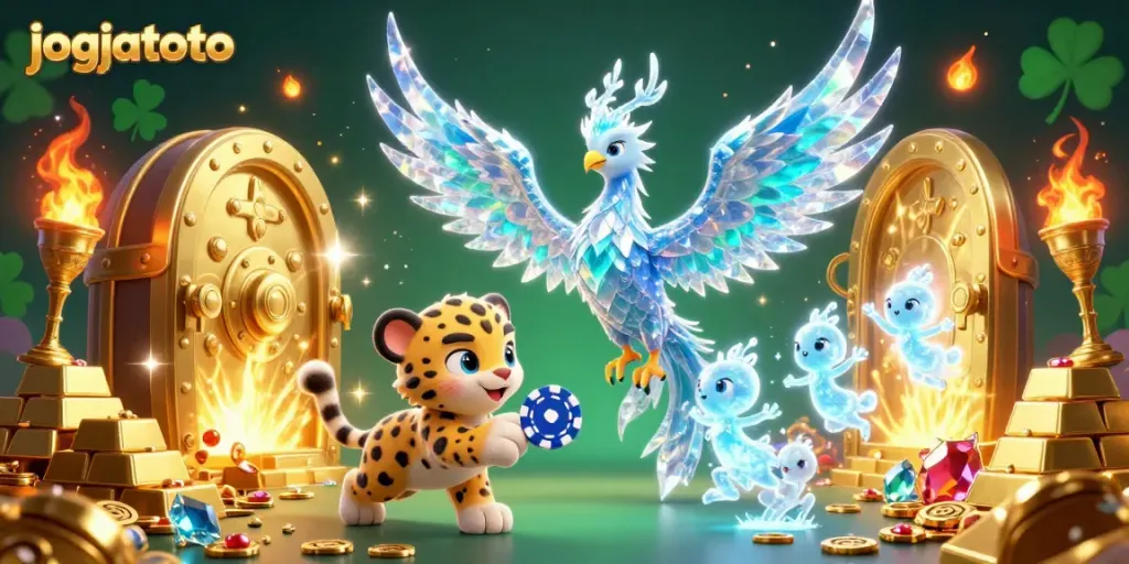 Experience the thrill of jogjatoto with this vibrant 3D illustration showcasing a magical ice phoenix and a playful snow leopard cub.