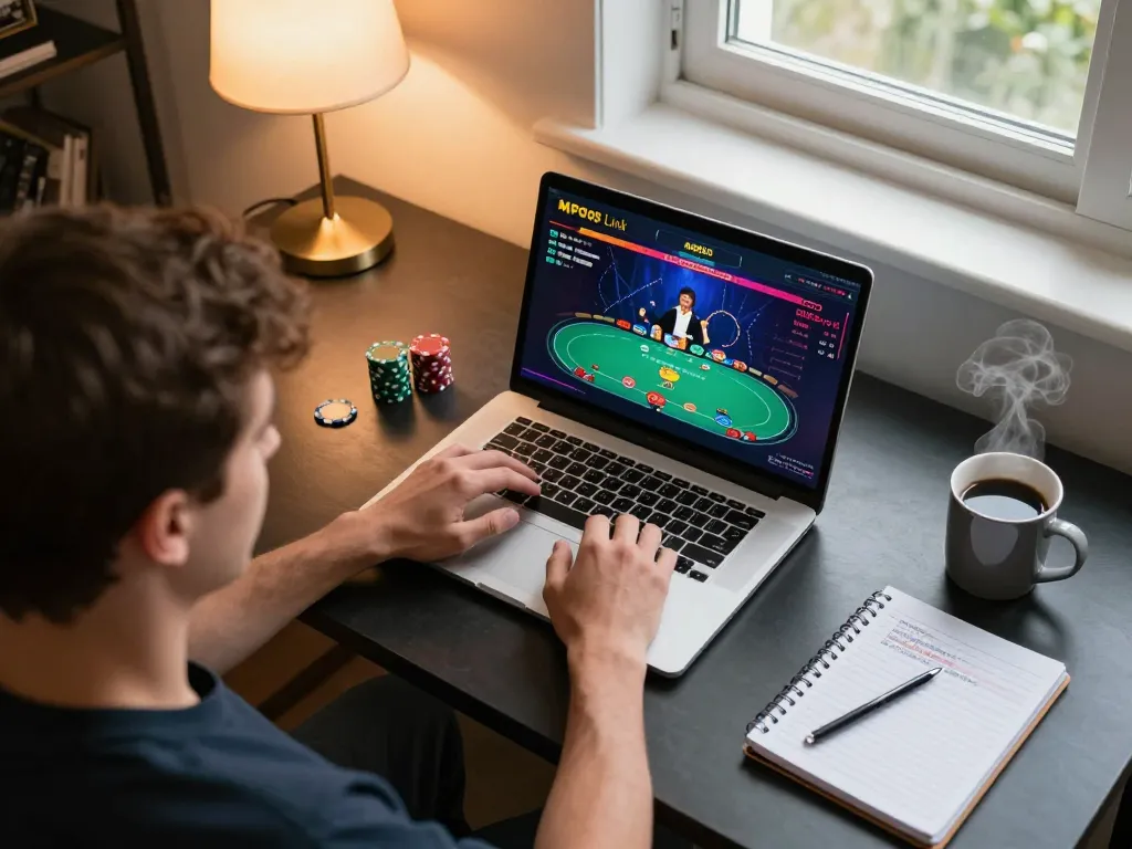 Engaging online poker session at home featuring the MPO08 Link interface and cozy setup for strategic gambling.