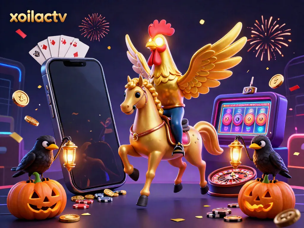 Xoilactv’s vibrant casino scene brings to life a golden rooster riding through slots and games.