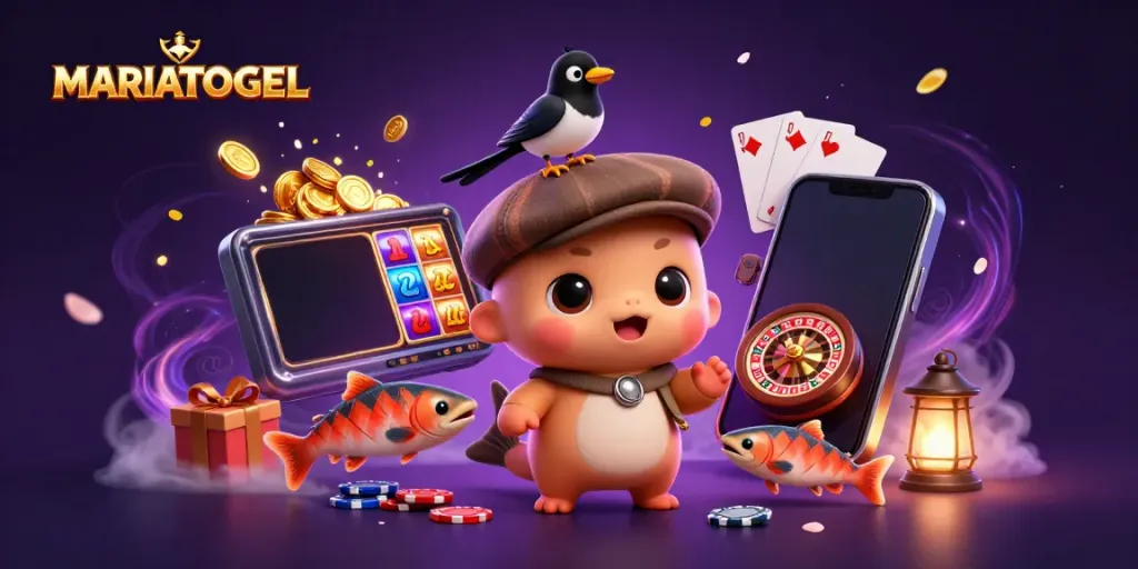 MARIATOGEL brings a playful 3D illustration of a Loch Ness monster, gold-inspired gaming elements, and vibrant entertainment symbols.