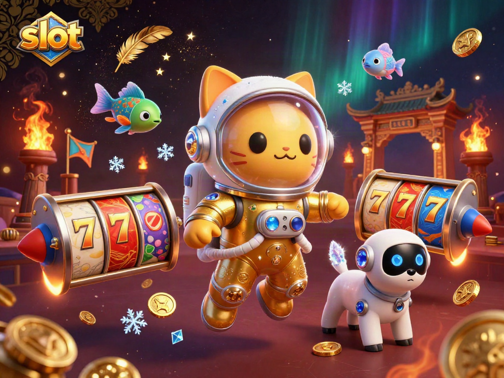 Spin the slot with a space-themed scene featuring a cat astronaut and robot dog.