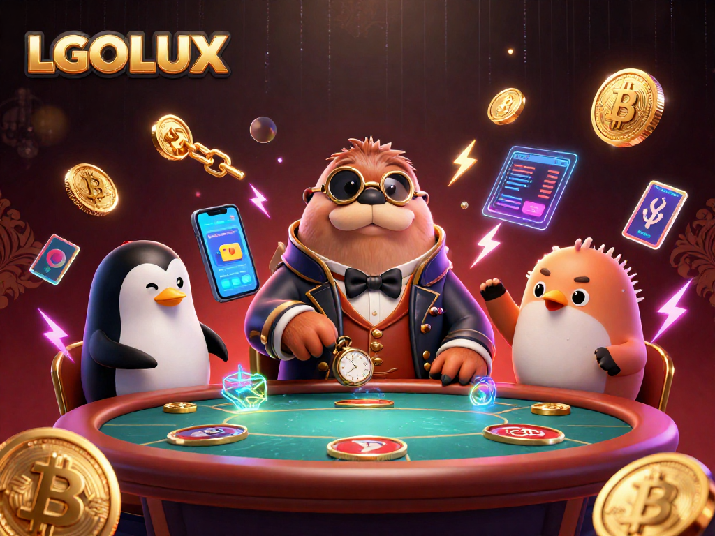 Experience the exciting LGOLUX poker scene with a walrus, penguin dealer, and bluffing pufferfish.