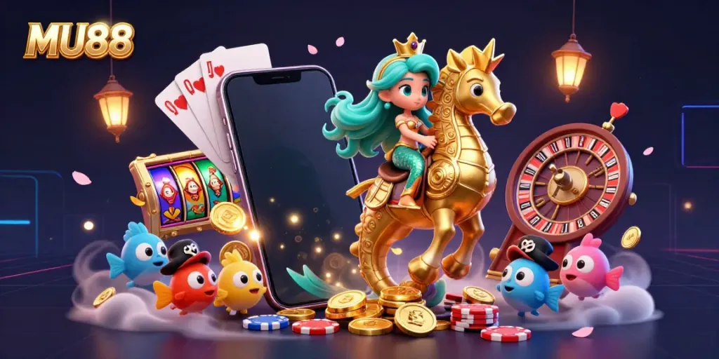 Experience adventure with the MU88 mermaid princess, riding a seahorse among gambling elements and vibrant creatures.