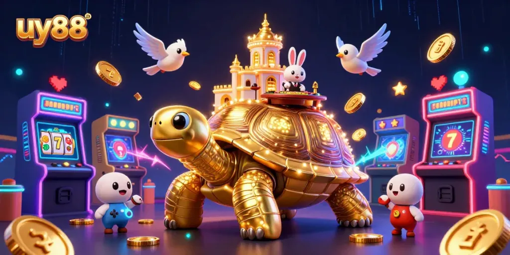 Experience the excitement of uy88 with a vibrant 3D casino illustration featuring a golden tortoise, rabbit dealer, and flying coins.