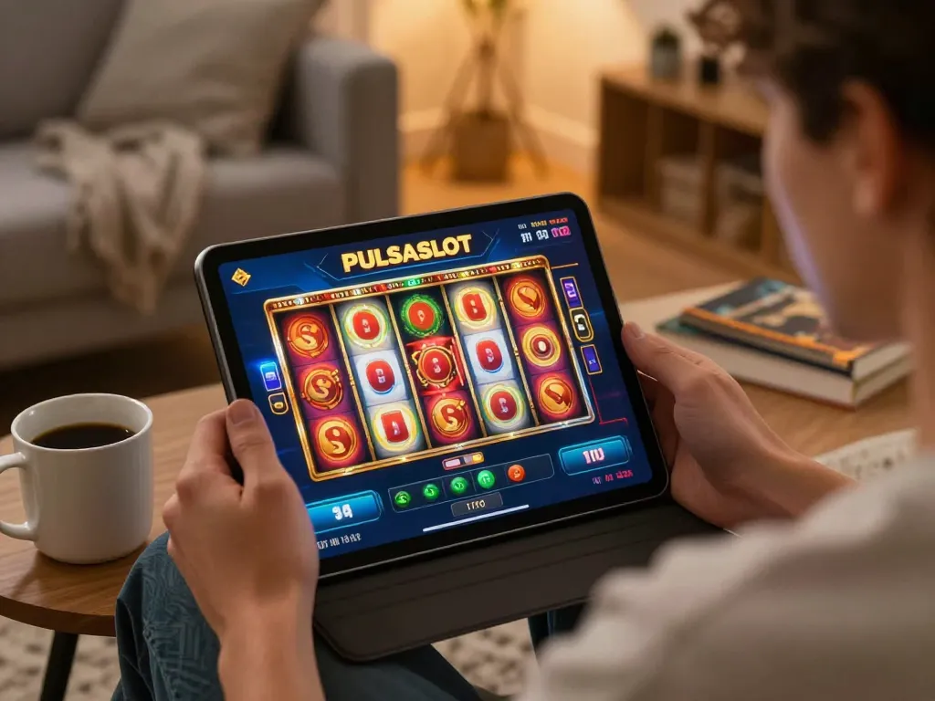 PULSASLOT user enjoying online slot games on a tablet in a cozy living room setting.