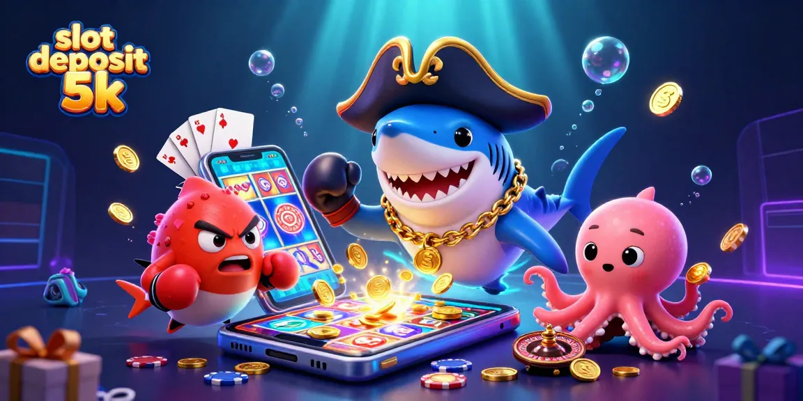Menangkan slot deposit 5k dengan karakter menarik yang memegang koin emas dalam suasana kasino yang ceria.