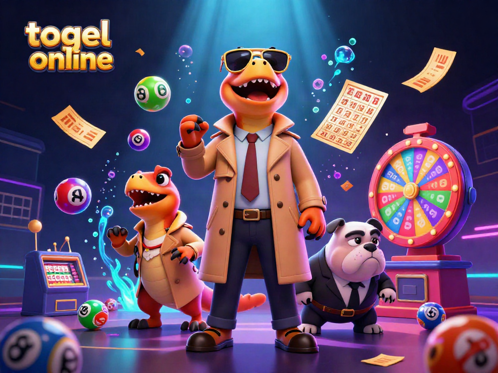 Menang togel online dengan tiga raptor dalam jas trench dan suasana meriah kasino.
