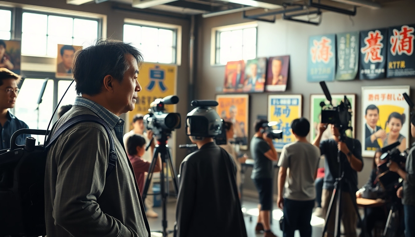 Menggambarkan suasana film jepang dengan sutradara dan kru di lokasi syuting.