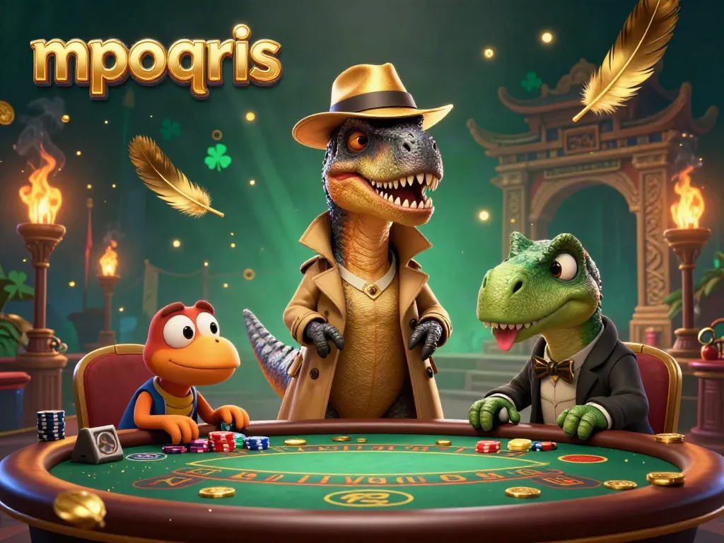 Permainan kasino mpoqris dengan karakter velociraptor menghitung kartu di meja blackjack.