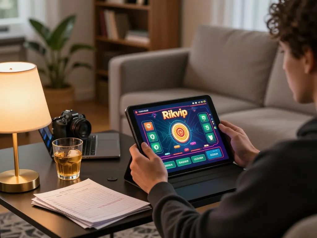 Engaging with the Rikvip app on a tablet while enjoying cozy home gaming atmosphere.