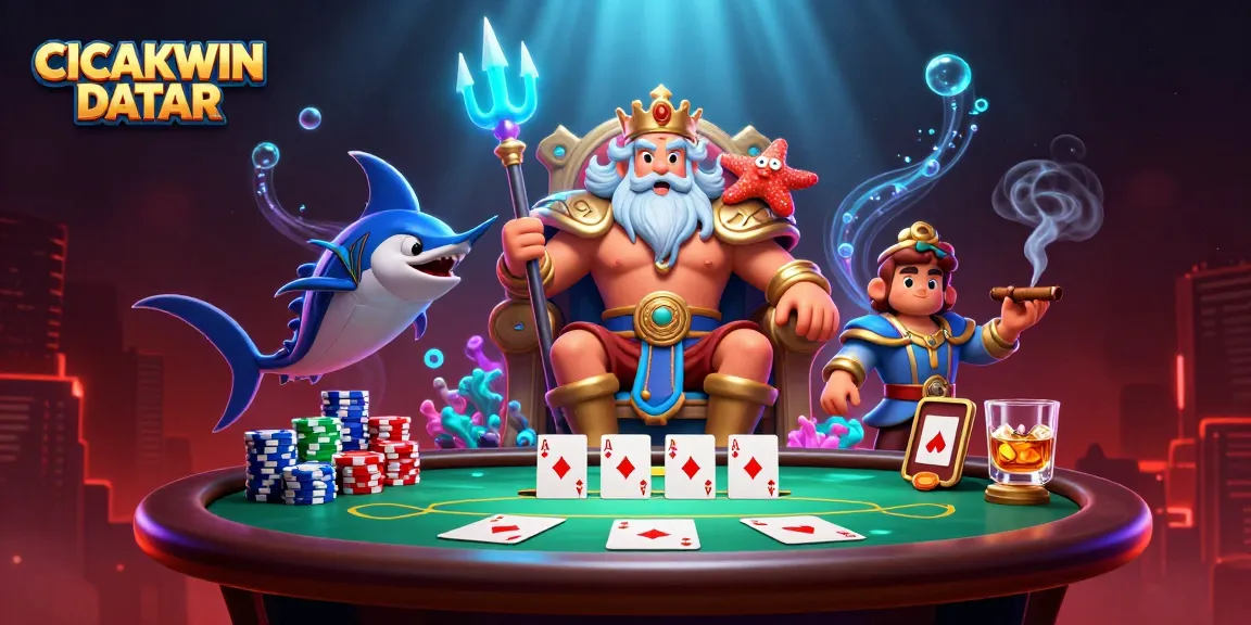 Menggali peluang besar dengan CICAKWIN DATAR di meja poker berwarna hijau, dikelilingi karakter imersif dalam perjudian.