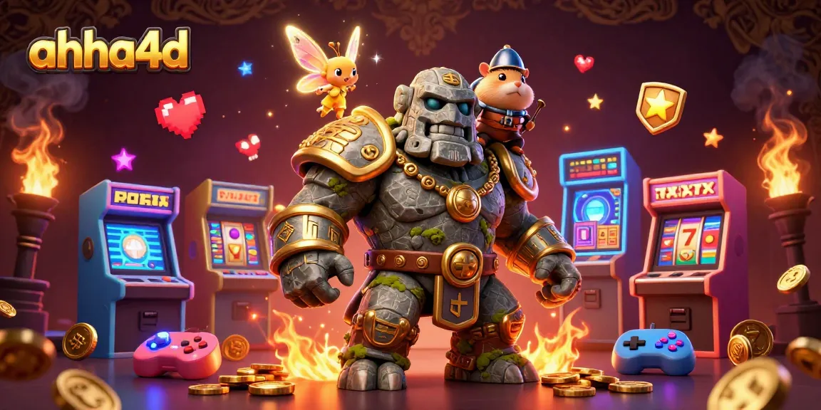 Engage with ahha4d's vibrant 3D lottery experience featuring a golem guardian and magical elements.