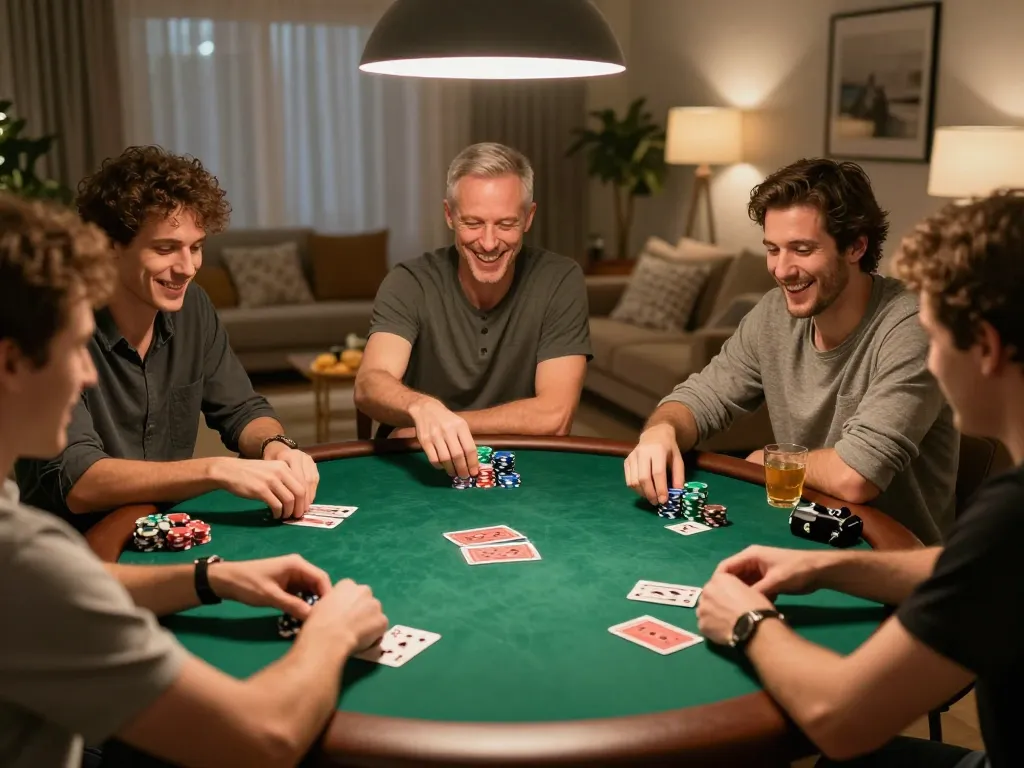 Players engaging in a lively poker game at home, showcasing llwin gambling strategies in a friendly atmosphere.