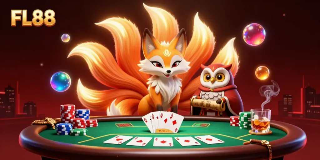Experience the vibrant FL88 spirit with a colorful nine-tailed fox at a rich poker scene.