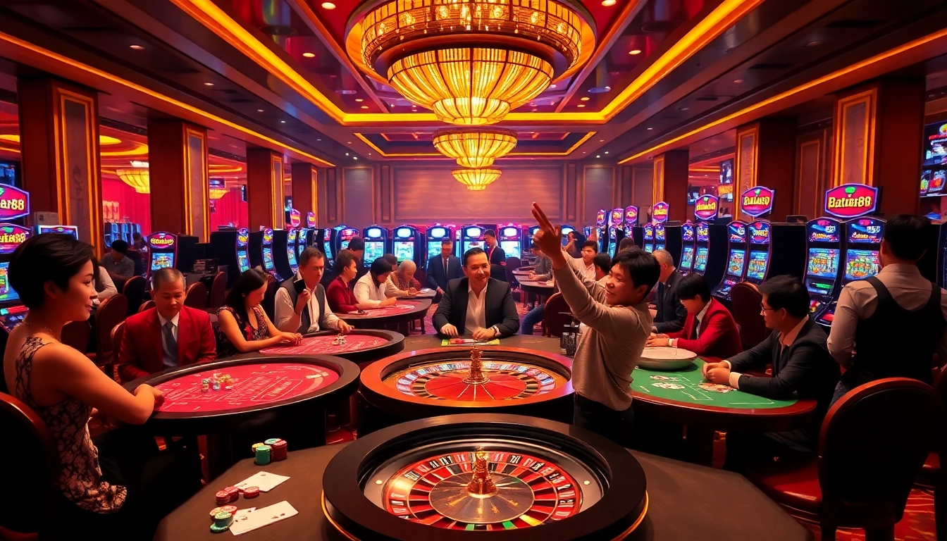 Experience excitement at Batara88 casino with players celebrating their wins at vibrant tables.