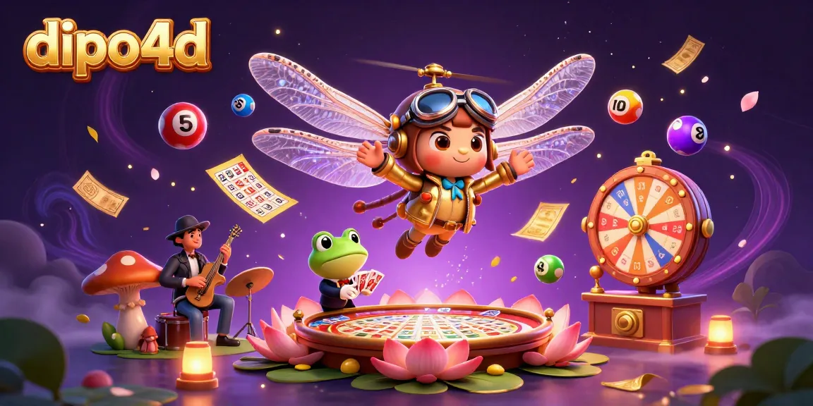 Dive into dipo4d with a vibrant 3D scene featuring a dragonfly helicopter pilot, frog croupier, and jazz musicians!