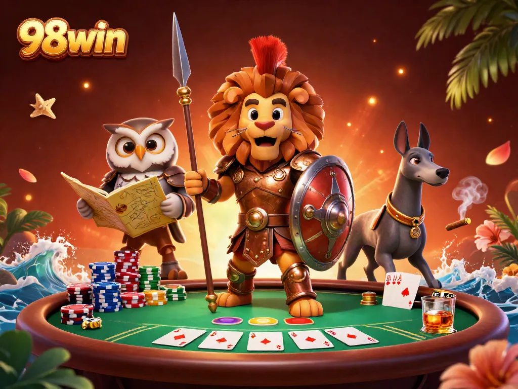 Experience thrilling card games at 98win with vibrant characters and packed casino elements.