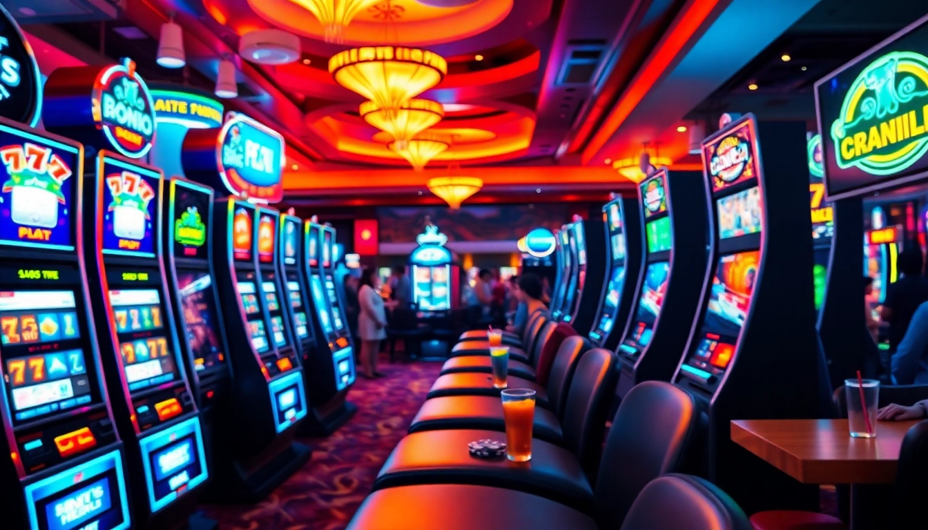 Slot yang berwarna-warni dan menarik di kasino dengan pemain terlibat.