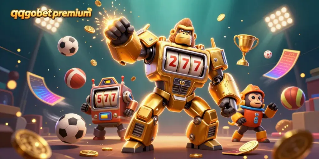 Experience the thrill of winning at qqgobetpremium with an exciting 3D casino scene featuring a golden gorilla mech.