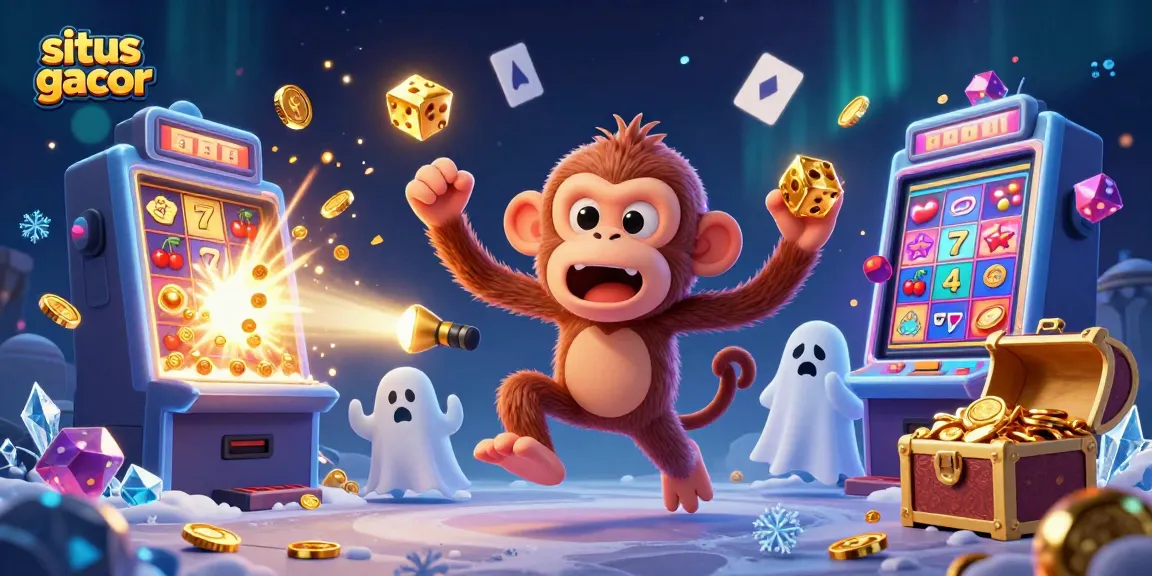 Situs slot gacor menampilkan hantu dan anjing pelacak di kasino berhantu yang meriah dengan koin emas yang melimpah.