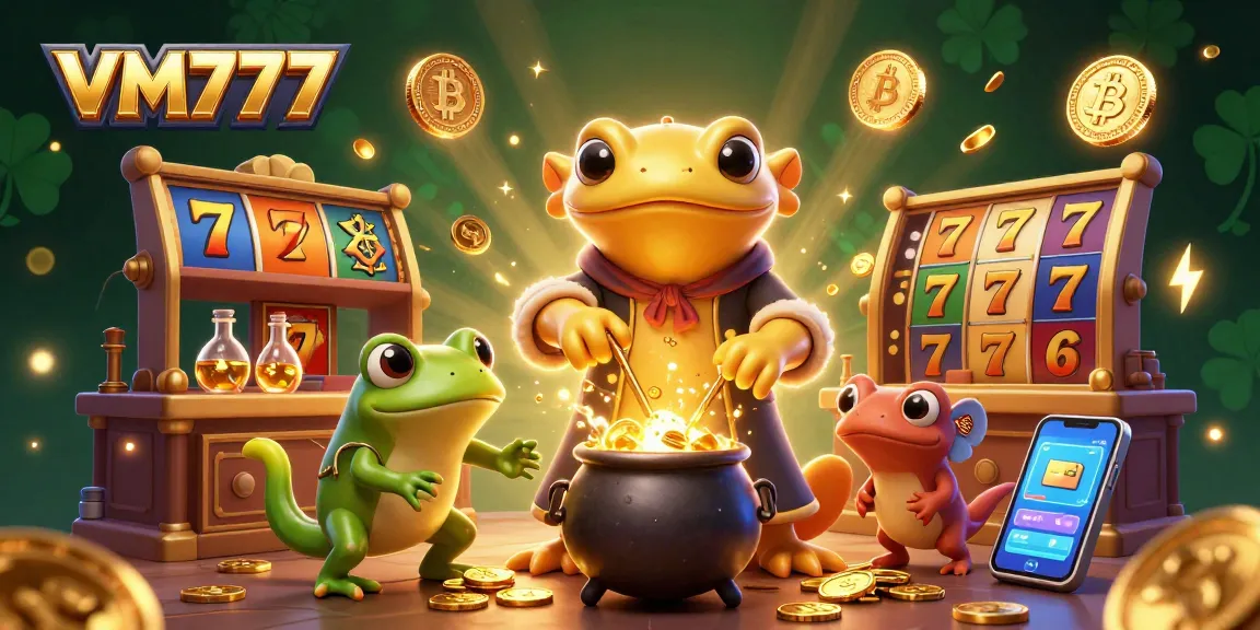 Experience the magic of VM777 as a golden salamander transforms metals into coins amidst vibrant casino elements.