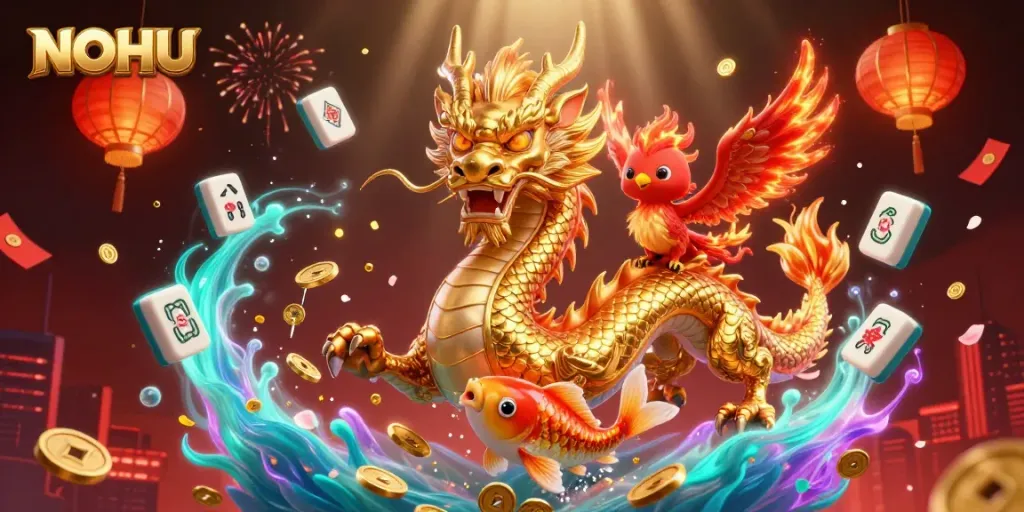 Engage in thrilling action at NOHU casino with a fierce dragon and phoenix surrounded by lucky symbols.