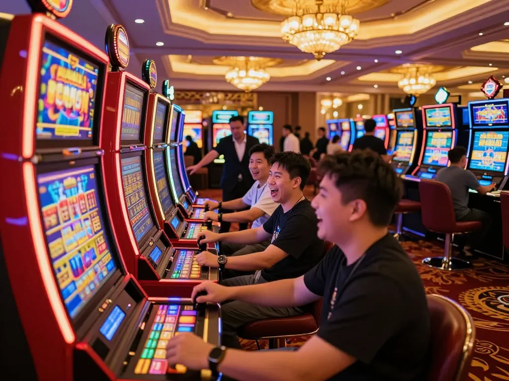 Players enjoying exciting mpoid slot games at colorful casino machines, vibrant atmosphere filled with excitement.