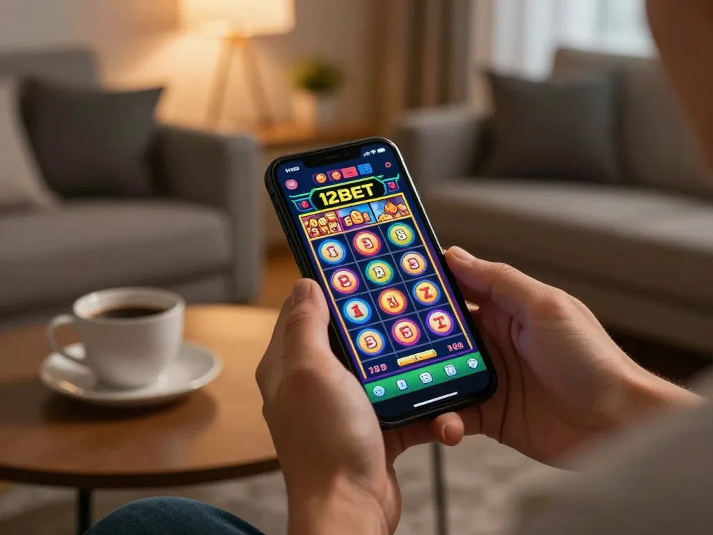 Đôi tay đang sử dụng ứng dụng 12bet để chơi game casino trực tuyến thú vị trên smartphone trong một không gian ấm cúng tại nhà.