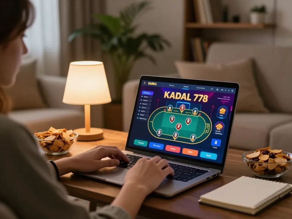 KADAL 778 online casino app showcasing poker gameplay on a laptop in a cozy home setting.