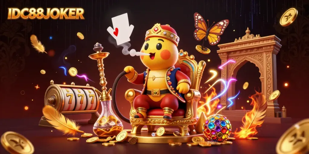 Spin the reels with excitement at IDC88JOKER, a vibrant slot scene filled with golden treasures.