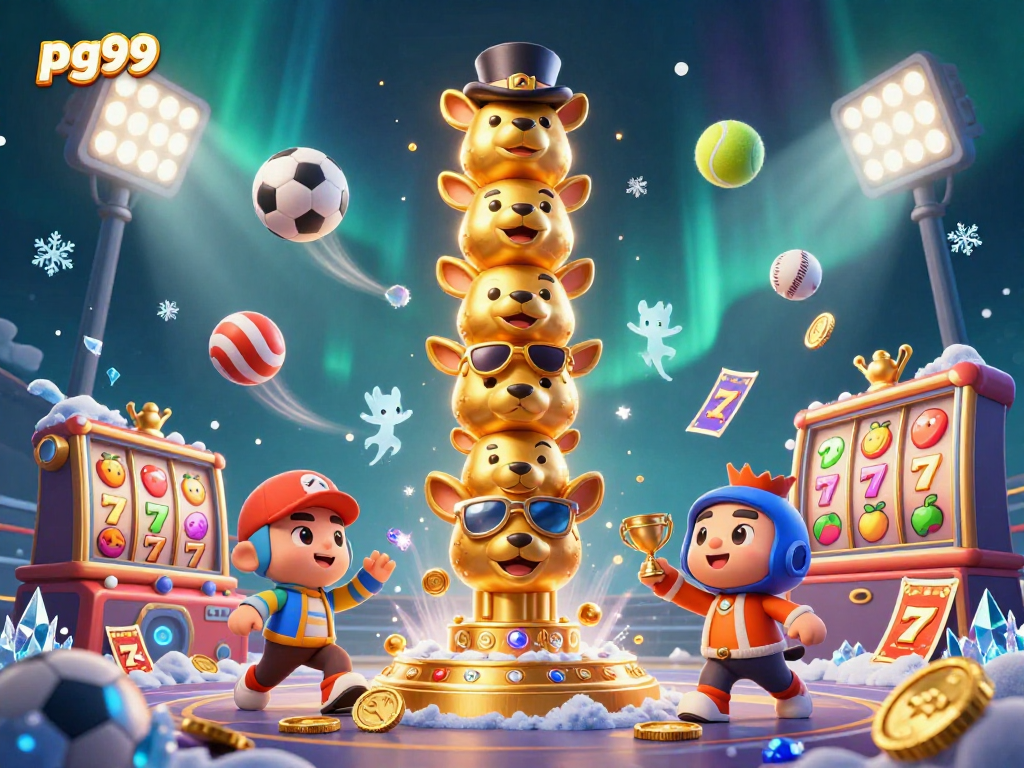 Engage with pg99's gaming thrill featuring a spirited totem pole amidst sports and casino excitement.