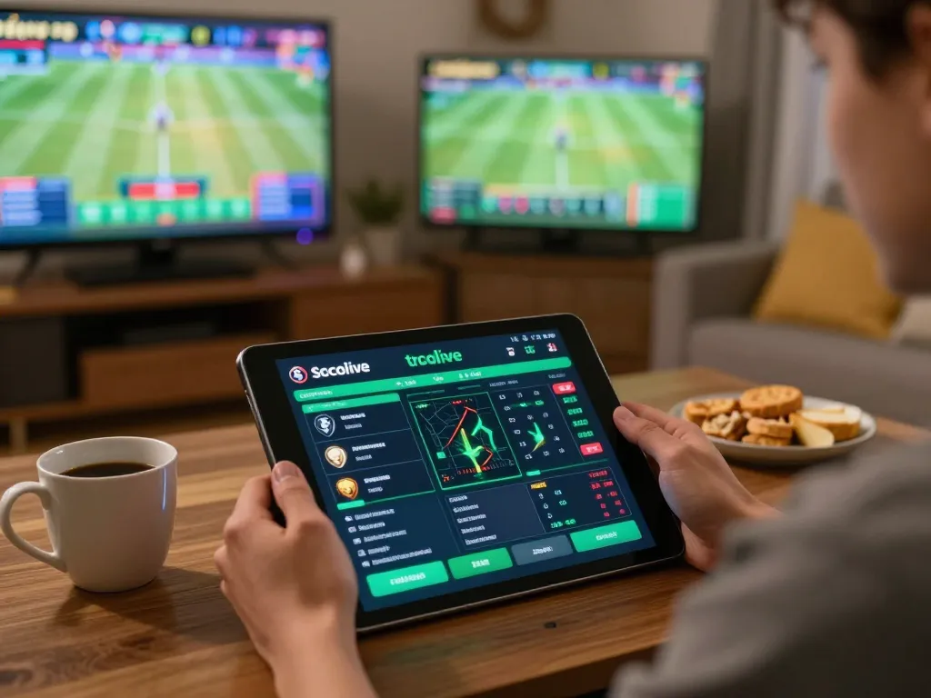 Socolive trực tiếp sports betting interface being engaged with on a tablet in a lively home setting.
