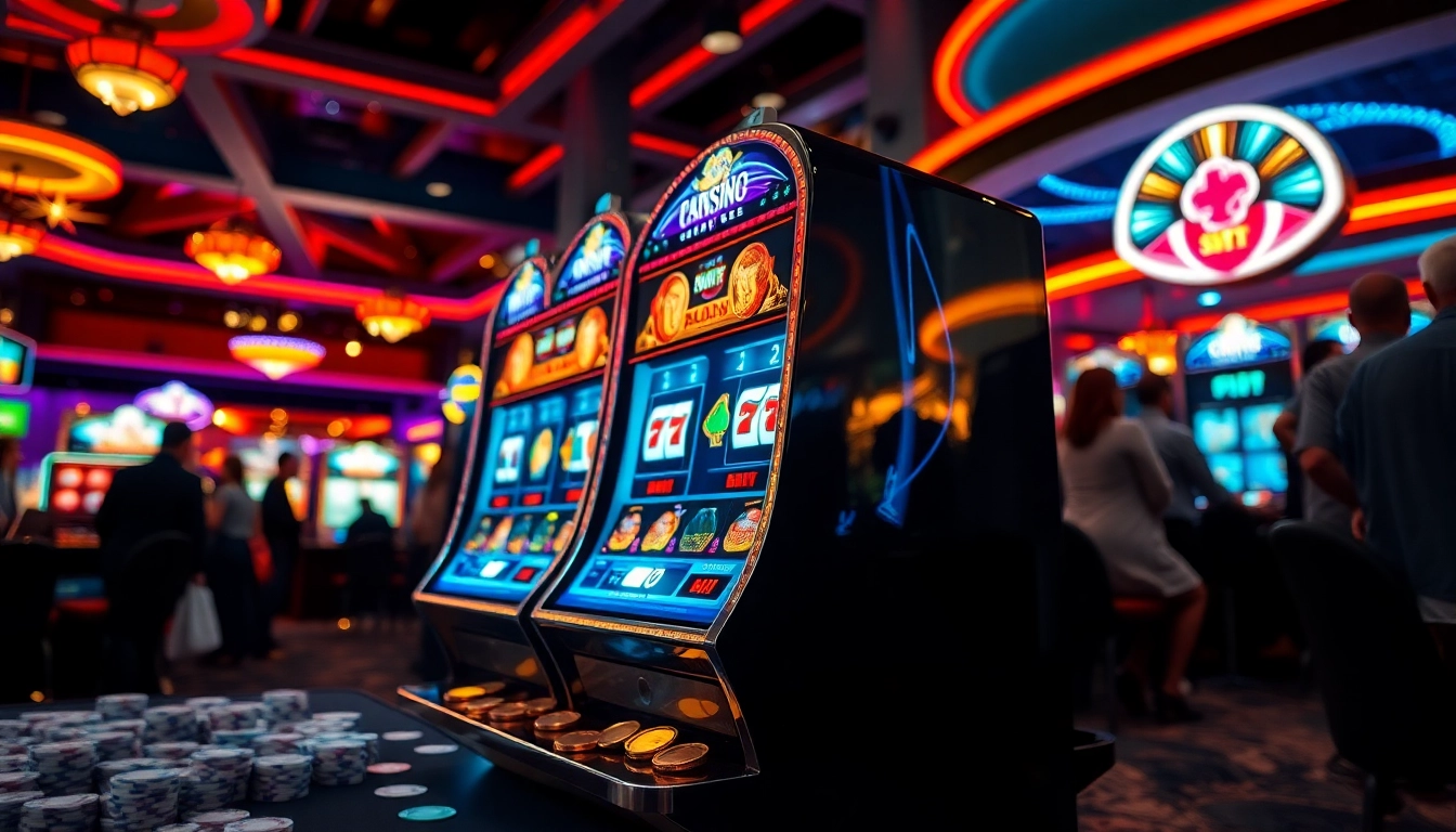 Berinteraksi dengan slot mesin yang menarik dan berwarna-warni di dalam kasino yang meriah.