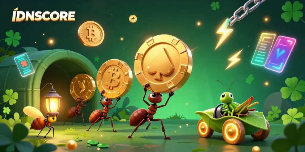 Watch the ants carry a colossal IDNSCORE poker chip through a vibrant, crypto-themed heist scene!