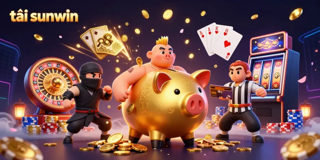 Experience the thrill of tải sunwin with a dynamic casino scene featuring animated characters and flying coins.