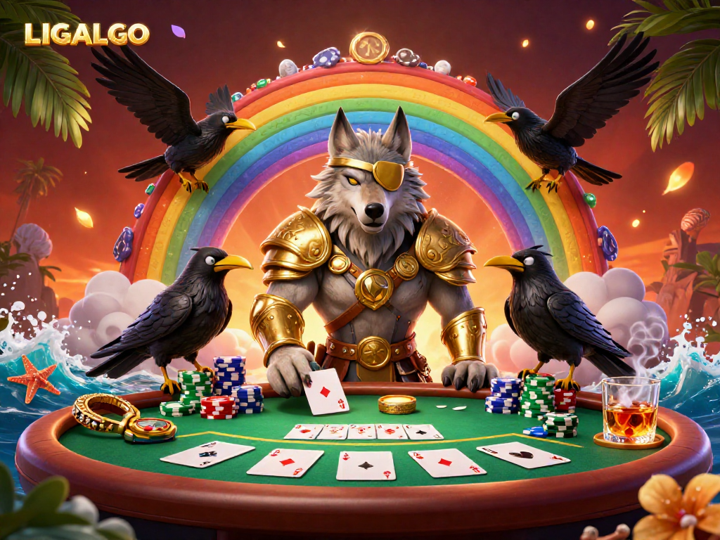 LIGALGO showcases a vibrant scene with Odin, his ravens, and dynamic casino elements, enhancing the online gaming experience.