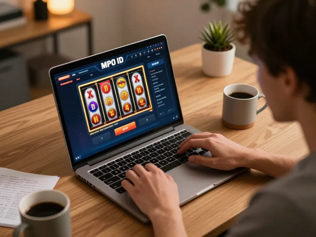 MPO ID online gaming interface captivating player during interactive slot gameplay in cozy workspace.
