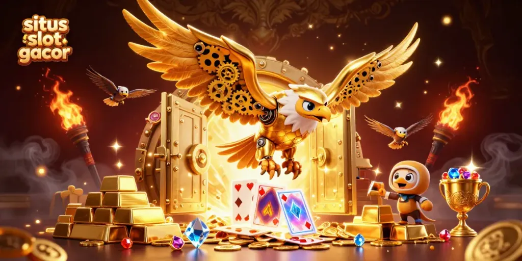 Putaran situs slot gacor yang dinamis dengan burung elang emas dan banyak harta berkilau.