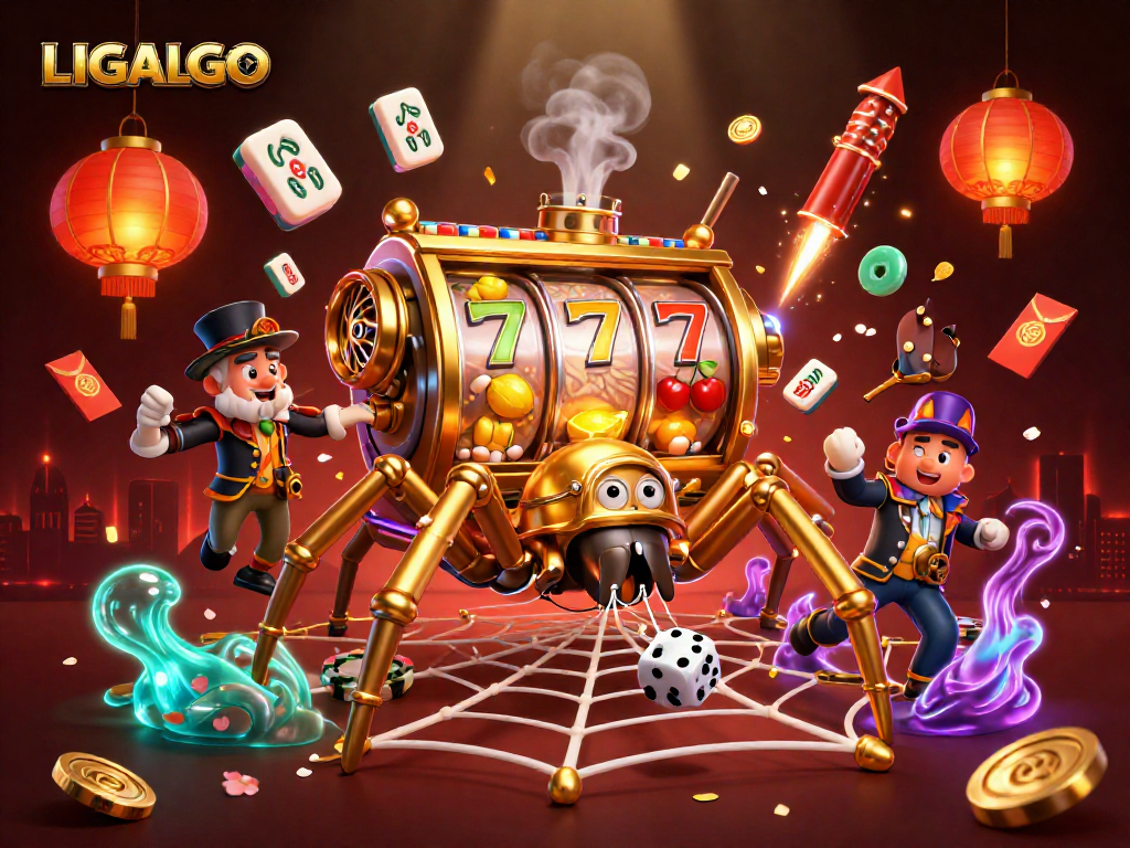 LIGALGO features a lively casino scene with a golden spider and a fly gentleman among dynamic slots and vibrant decorations.
