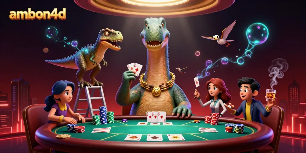 Experience the excitement of ambon4d with a dynamic 3D casino scene featuring towering characters and vibrant poker action.
