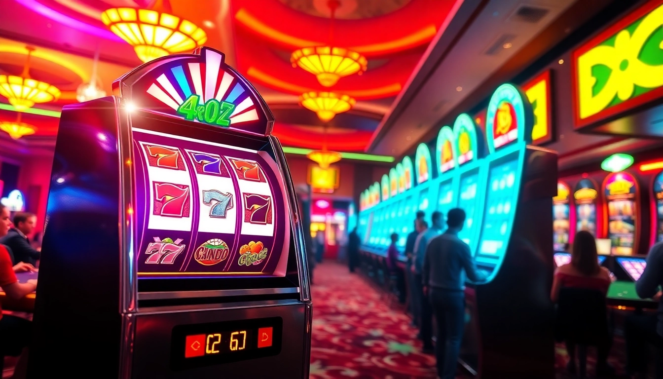 Permainan slot ArusHoki yang menonjol dengan antarmuka cemerlang dan suasana kasino meriah.