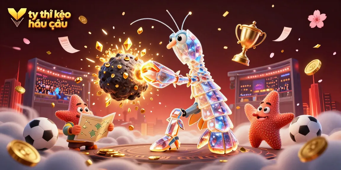 Betting on tỷ lệ kèo nhà cái while a galactic mantis shrimp shatters an asteroid, filling the scene with gems and coins.