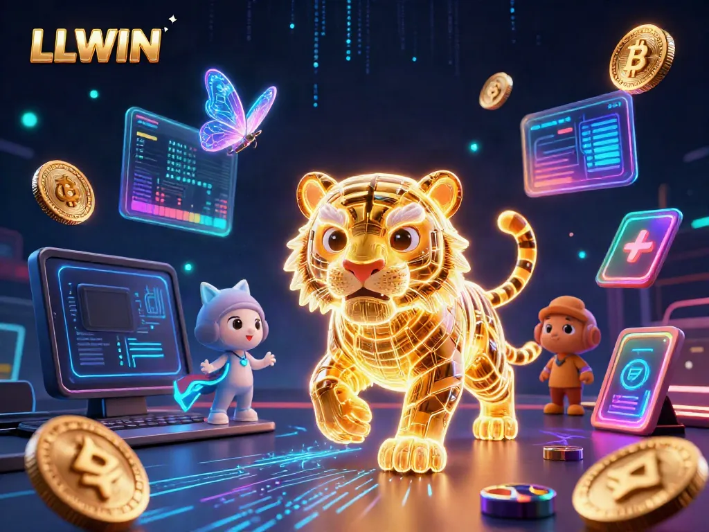 Experience the vibrant energy of LLWIN with a golden tiger and holographic elements in a dynamic casino scene.